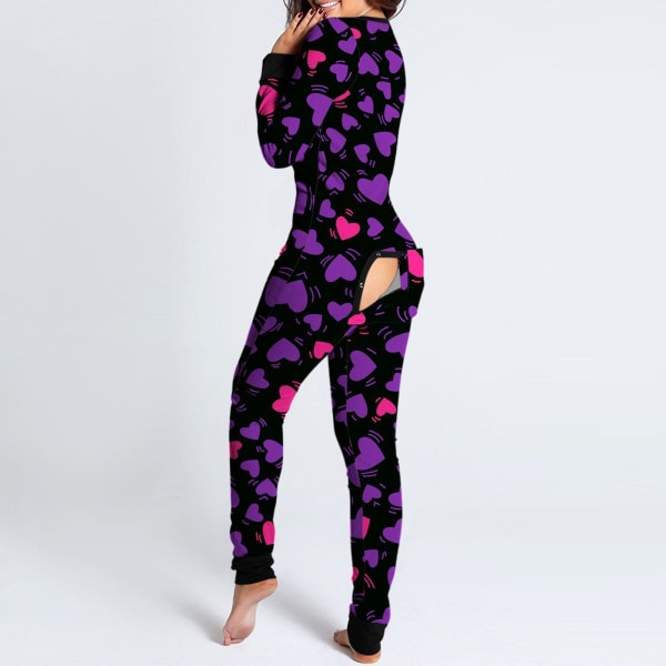 Dame Sexet Pyjamas Onesies Knaplukning Foran Funktionel Knap Flap Voksne Pyjamas V-hals Langærmet Jumpsuit Dame Nattøj PP L2