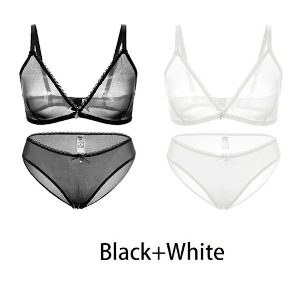 Varsbaby Sexy Damer Gjennomsiktig Pluss Størrelse BH Lav Midje Truser 2 stk Black-White M