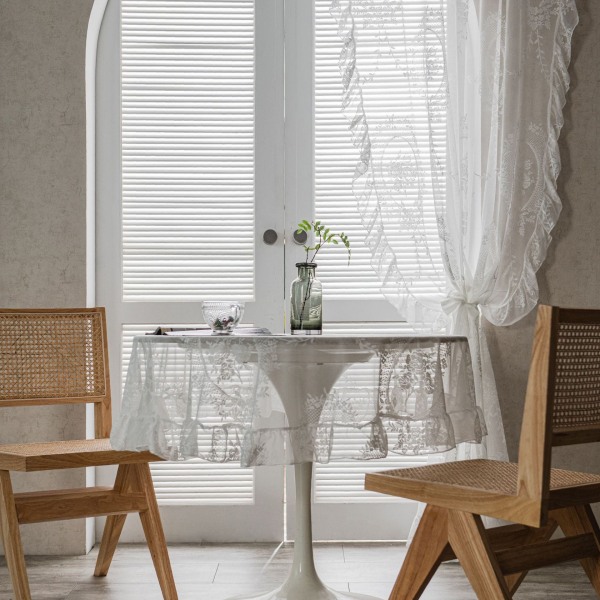 Hvite Retro Franske Gjennomsiktige Blonde Mesh Gardiner Rynket Balkong Soveromsgardin White yarn mirror ruffled wear Rod 150*140
