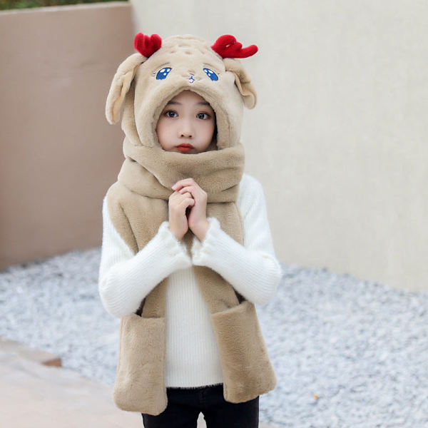 Mjuk halsduk Älgmössa Tredelat Koreansk Stil Trendig Varm Halsduk Öronskydd Integrerat Khaki