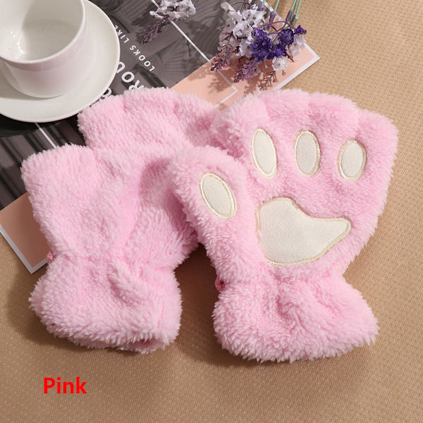 1 par Dame Jenter Nydelige Vinter Varme Fingerløse Hansker Fluffy Bjørn Katt Plysj Pote Klo Halv Finger Hansker Votter Nye rose red One Size