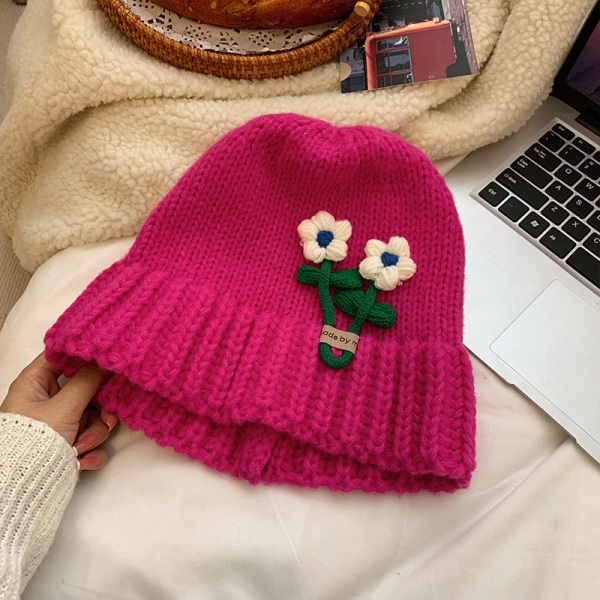 Söta Blommor Ullmössa Dam Höst och Vinter Koreansk Stil Litet Ansikte Stickad Hatt Japansk Stil Stor Huvudomkrets Varm Allmatchande Hatt Yellow M(56-58cm)
