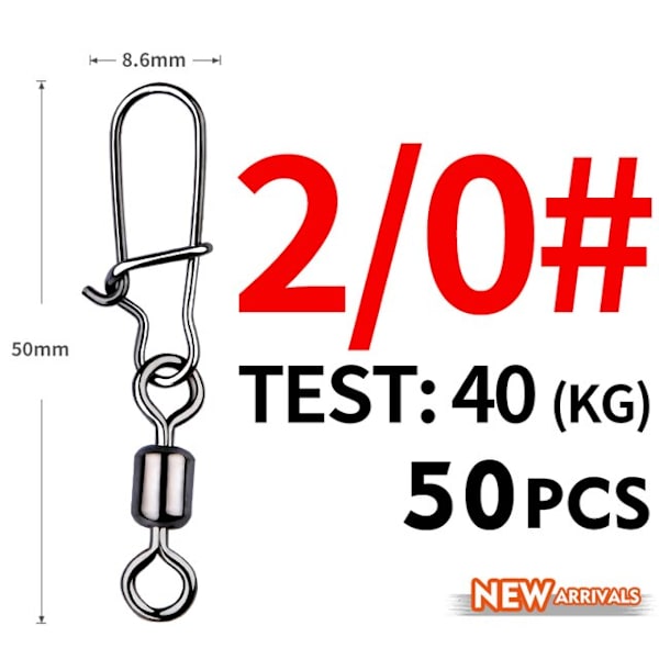 Fishhook 50 stk. Gjeddefiske Tilbehør Koblingsstift Lager Rullende Svivel Rustfritt Stål Snap Fiskekrok Lokkesvivler Utstyr Size2I0 50mm 40kg