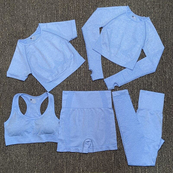 Yoga Sett Sømløs Langermet Crop Top Høy Midje Gym Fitness Leggings For Kvinner 5PcsSet-Blue M