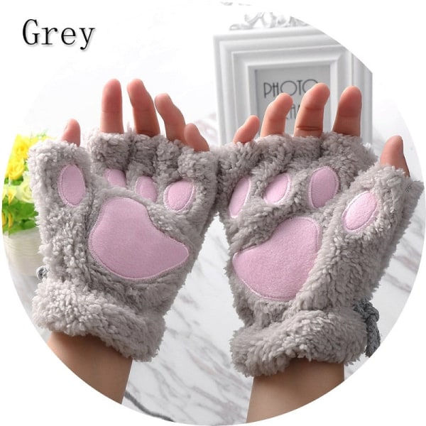 1 Par Dam Flickor Härliga Varma Vinter Fingerlösa Handskar Fluffig Björn Katt Plysch Tass Klo Halvfingerhandskar Vante Ny Beige One Size