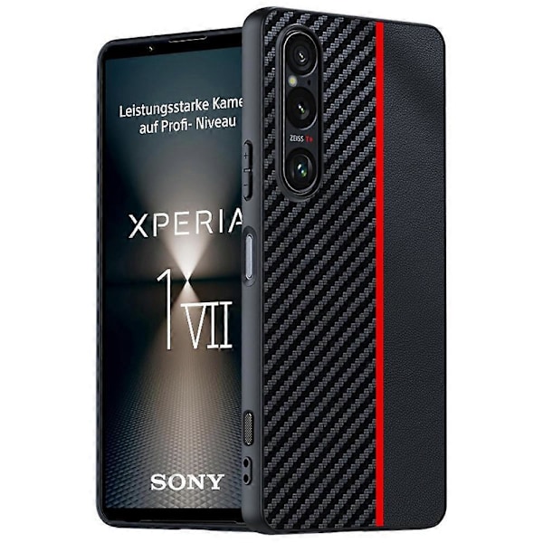 Til Sony Xperia 1 VII Etui Læder + PC Hårdt Telefon Cover Kulfiber Tekstur Black/ Red