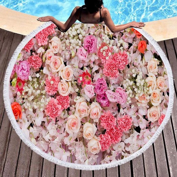 Kawaii Blommor Rosbuske Rosa Strand Badhandduk Rund Havsfilt Strand Yoga Matta Picknickmatta Absorberande Manteau Kappa 4