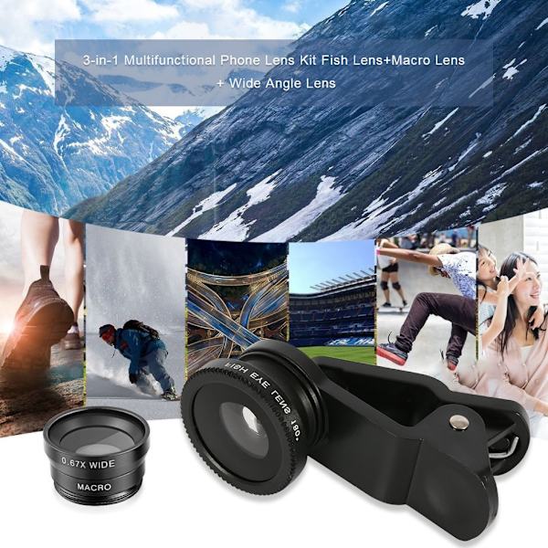 3-i-1 Vidvinkel Makro Fisheye Linse Kamera Sæt Mobiltelefon Fiskeøje Linser med Klips 0.67x til iPhone Samsung Alle Mobiltelefoner Overseas Red