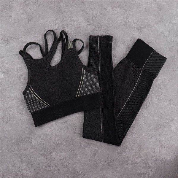 Yoga Sæt Crop Top BH Shorts Leggings Træningssæt Aktiv Fitness Træningstøj Black Long Set S