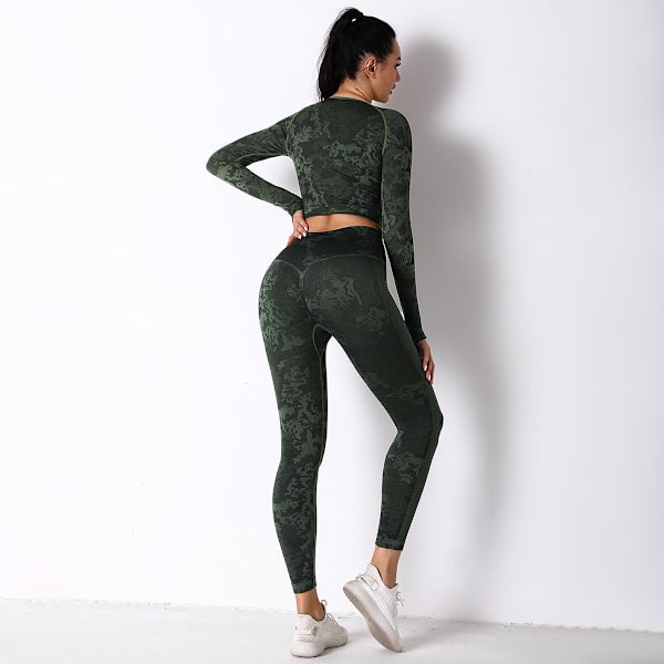 Joogavaatteet Naiset Saumaton Neulottu Camouflage Korsetti Jooga Puku Korkea Elastinen Korsetti Pitkähihainen Joogahousut Naiset 6321 long sleeve trousers suit-Gray M