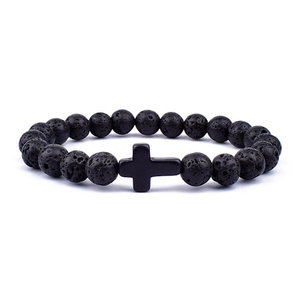 Charm Luonnonkivirannekoru Risti Musta Laava Matta Helmirannekorut Käsintehdyt Miehet Naiset Rukous Fitness Ketju Pariskunta Korulahja Black Onyx