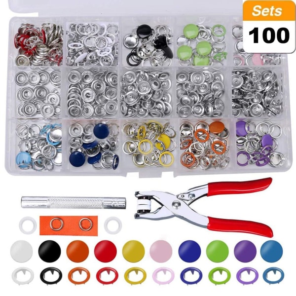 Purjerenkaiden Kiinnityssarja 9,5 mm 10 Väriä Nappeja Metalliset Painonapit Piikkirengasnappi Lasten Vaatteisiin, Ruokalappuun, Askarteluun 200pcs without tools