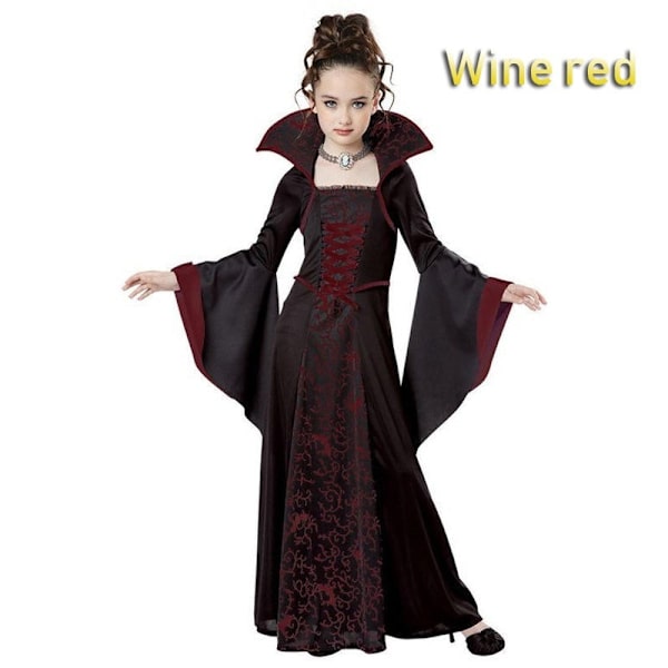 Halloween-asu tytöille, levenevät hihat, kuninkaallinen vampyyriasu, keskiaikainen pitkähihainen mekko tyttöjen juhliin ja cosplayhin Wine red 130 cm