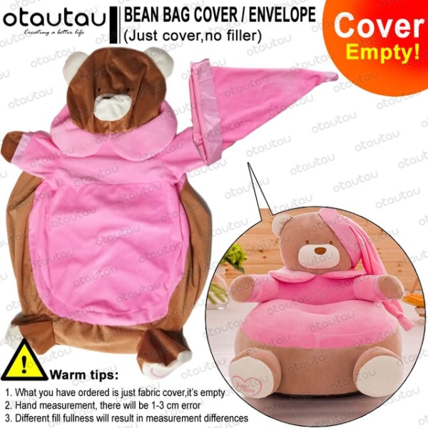 Barn Tecknad Cover Beanbag Stol Söt Puff Ottoman Fåtölj Soffa Mjuk sammet Golv Sits Puff Futon Barn Möbel Present pink bear-hat