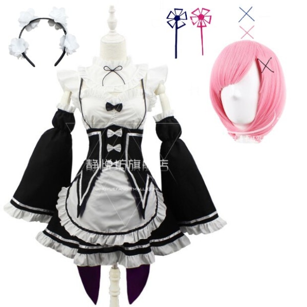 Ram/Rem Cosplay Re:zero Kara Hajimeru Isekai Seikatsu musta sininen punainen asu piika palvelijatar mekko package 7 L