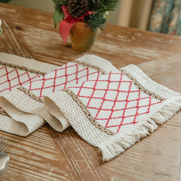 Bordslöpare randiga sömmar i bomull och linne Tvåfärgad vävd tofs Naturmaterial Amerikansk duk Rice table runner 30*350 (including tassels)