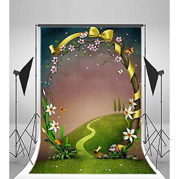 Tecknad Bakgrundsbild 150x220 Cm Vårblommor Gräsmark Väg Träd Sagobok Liten Flicka Baby Porträtt Rekvisita