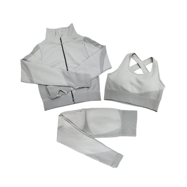 Yoga Set Långärmad Tröja+Sport-BH+Sömlösa Leggings Träningskläder Löpning Gymkläder 3pcs Gray color L