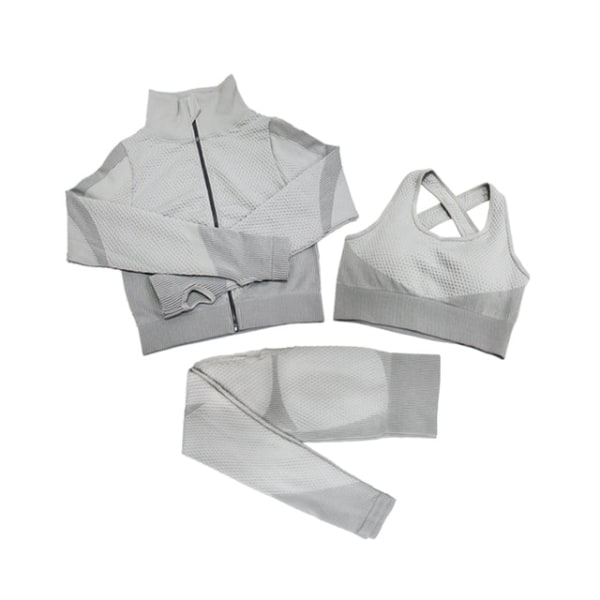Yoga Set Långärmad Tröja+Sport-BH+Sömlösa Leggings Träningskläder Löpning Gymkläder 3pcs Gray color M