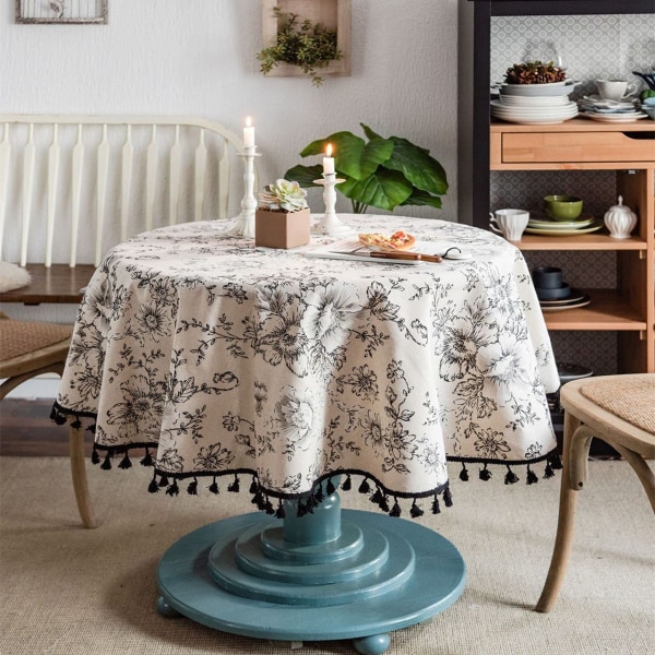 Bordsduk i bomullslinne Rund duk med tofs Dammtät blommig cirkulär cover för köksbordsdekoration Tassel tablecloth Diameter 110cm