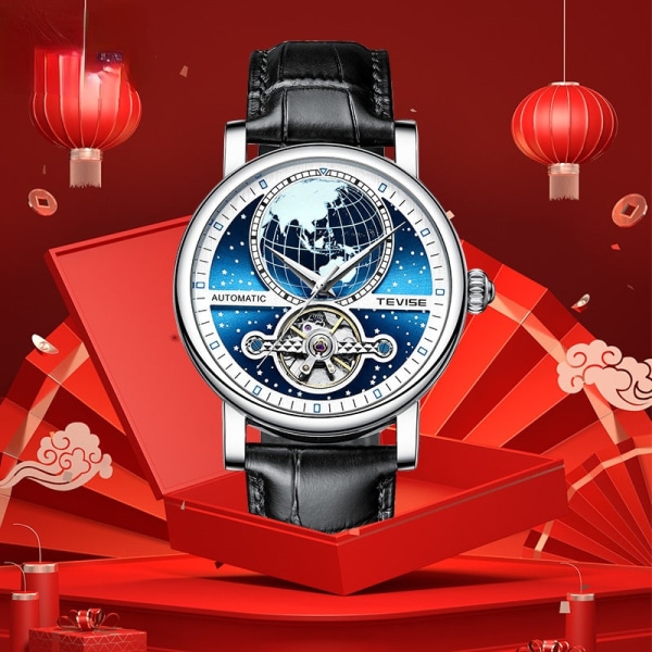Tevise mäns mekaniska watch Automatisk läder Casual Watch Vattentät ihålig mekanisk watch T867k-blue leather