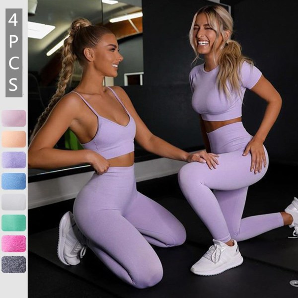 Yoga Gym Set Toppar T-shirt BH Leggings Sportset för Kvinnor 4pcs Pink Set M