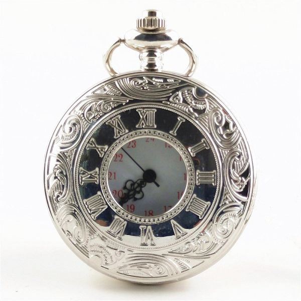 Taljekæde Quartz Lommeur Romersk Stil Udhulet Gammelt Ur Klassisk Retro Gammeldags Lommeur White steel