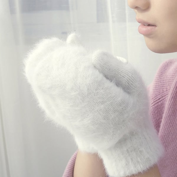 Elastiska helfingerhandskar för damer, söta kaninullshandskar, vintervantar för kvinnor, mode enfärgade vantar, tjocka varma handskar A1 One Size