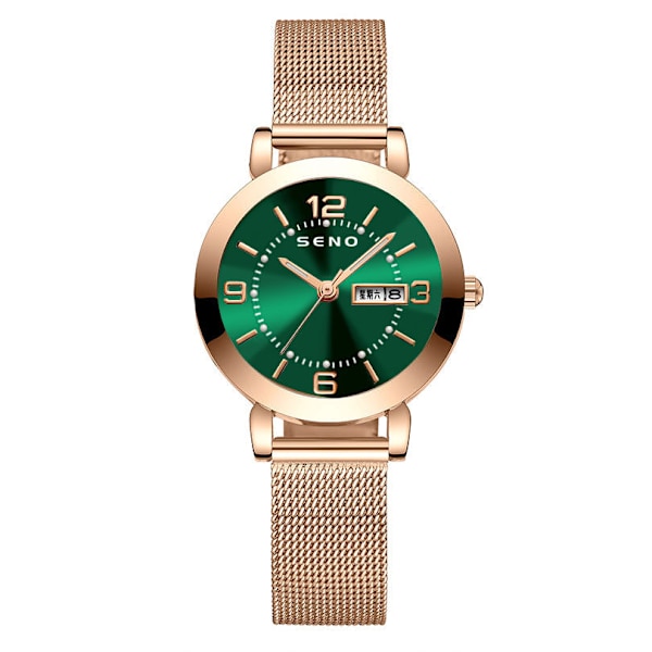 Quartz Ur Ikke-Mekanisk Dameur Lysende Vandtæt Dobbelt Kalender Kvinde Studerende Stålrem Ur Rose gold green surface