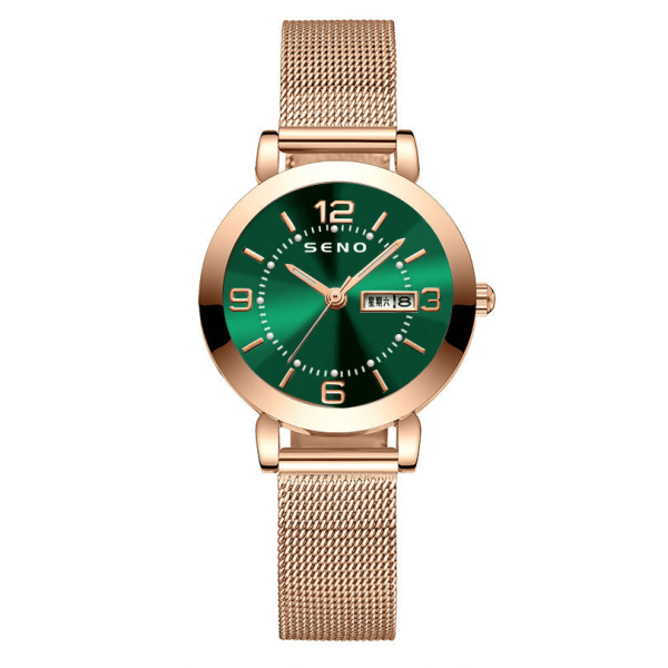 Quartzklocka Icke-Mekanisk Damklocka Lysande Vattentät Dubbel Kalender Kvinnlig Student Stålarmbandsklocka Rose gold black surface