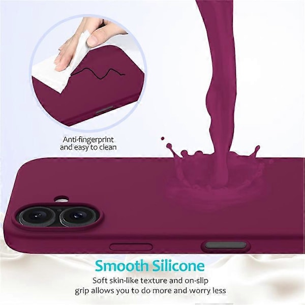 Kompatibelt Skal för iPhone 16, Flytande Silikon, Mjukt Foder, Stötsäkert Telefonskydd WineRed