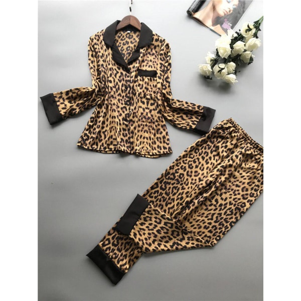 Leopardikuvioiset seksikkäät pitkähihaiset pyjamat naisille, jäljittelevät aitoa silkkiä Leopard print L