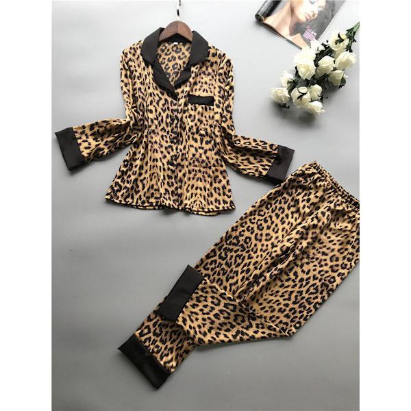 Leopardmønstret Sexy Langermet Pyjamas Dame Imitert Ekte Silke Nattøy Leopard print L
