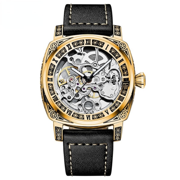Watch Tvåvägs rörelse Fritid mäns watch i rostfritt stål Automatisk mekanisk watch T894-gold black leather