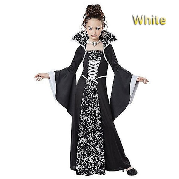 Halloween-asu tytöille, levenevät hihat, kuninkaallinen vampyyriasu, keskiaikainen pitkähihainen mekko tyttöjen juhliin ja cosplayhin White 140 cm