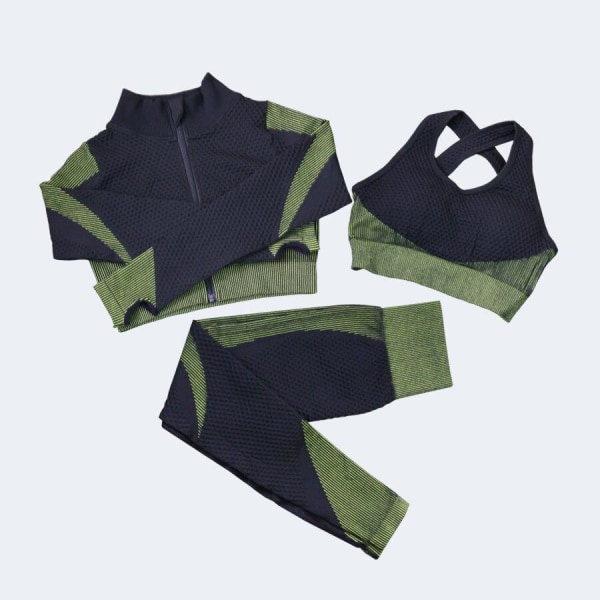 Yogaset Långärmad skjorta+sport-bh+sömlösa leggings Träning Löpkläder Gymkläder 2pcs Bra Suits Black M