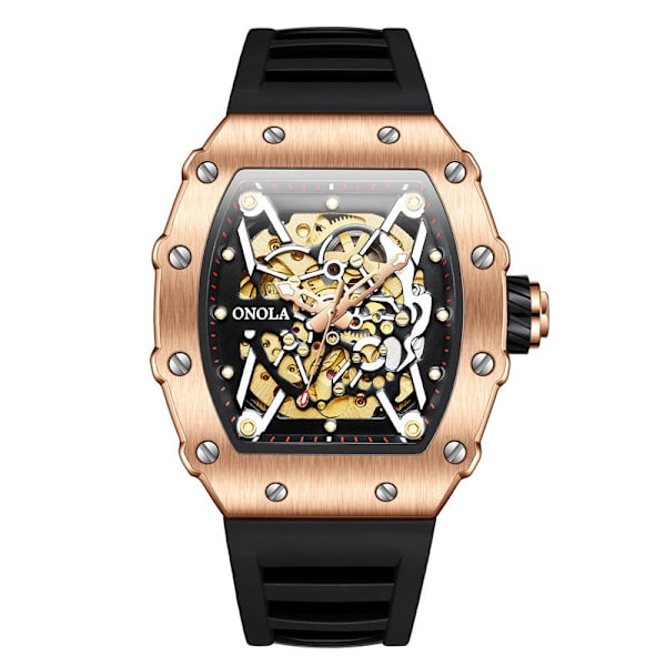Automatisk Mekanisk Klokke Menn Silikonrem Mote Vanntett Sportsklokke Menn Black and Red