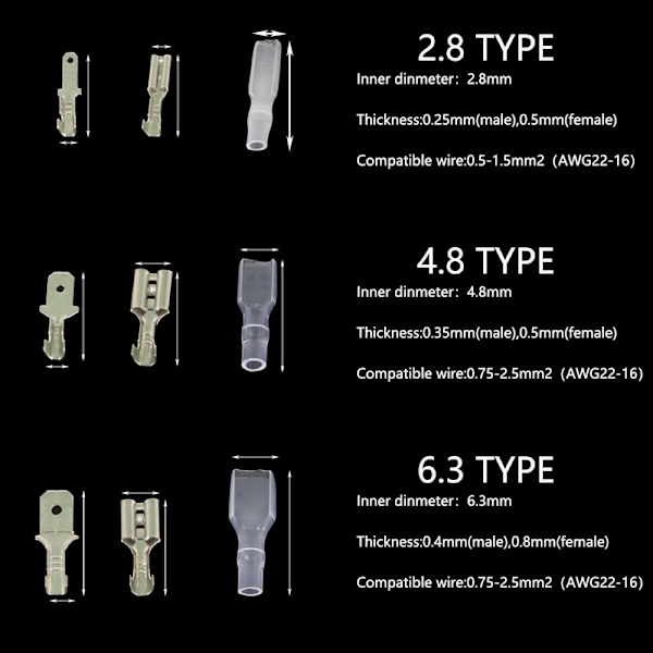 135/270/315 kpl 2,8/4,8/6,3 mm puristusliittimen eristystiivistejohtimen liitin uros- ja naaraspuolinen pistoke jousiliitinsarja 270 PCS Gold