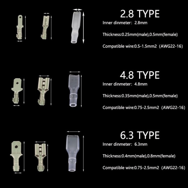 135/270/315 stk. 2.8/4.8/6.3 mm Krympe terminal isolering tætnings ledningsstik han- og hunstik fjeder terminal Kit 270 PCS Gold