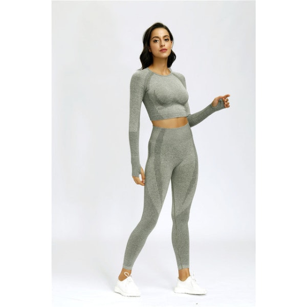 Set Gym Kläder Fitness Leggings+Cropped skjortor Sport Suit Dam dark gray M