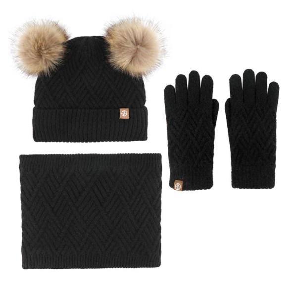 Varm Stickad Mössa Halsduk Handskar Tredelat Set plus Fluffiga Bollar Mössa Tredelat Set Green three-piece set