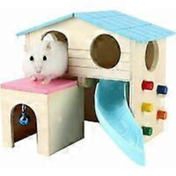 Gjemmested for hamster, luksuriøst hamsterhus i to etasjer med sklie og stige, morsomt tyggeleketøy i tre