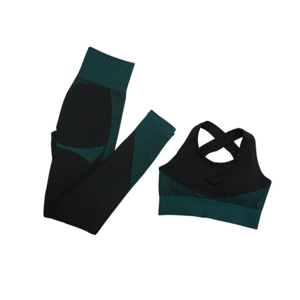 Yoga Set Långärmad Tröja+Sport-BH+Sömlösa Leggings Träningskläder Löparkläder Gymkläder 2pcsBra Dark Green L