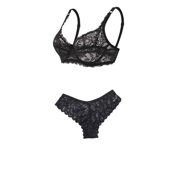 Sexiga Kvinnor Push Up Bygel Spets BH Set Ultratunn Transparent Underkläder Bikini BH Tros Set Bekväma Sovunderkläder Black 85BC