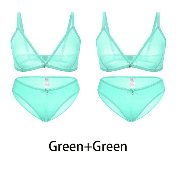 Varsbaby Seksikäs Naisten Läpinäkyvä Plus-kokoinen Rintaliivit ja Matala Vyötärö Alushousut 2kpl Green-Beige S