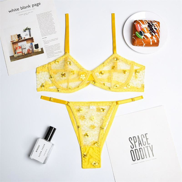 Aduloty's Dame Candy-Farvet Blonde Broderet Sexet Lingerisæt Bøjle Samle BH Mesh Gennemsigtig Erotisk Undertøj Trusser Yellow M