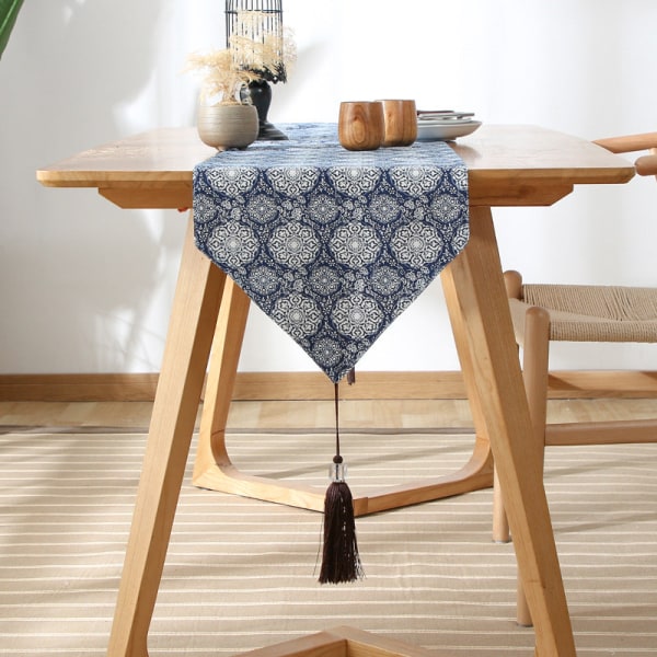 Bordløper i japansk stil, bomull og lin, rutete teppe, Zen-lin, retro japansk duk, tallerkenmatte, duk ukiyo-e. Blue HAILANG. Table runner 33*180cm