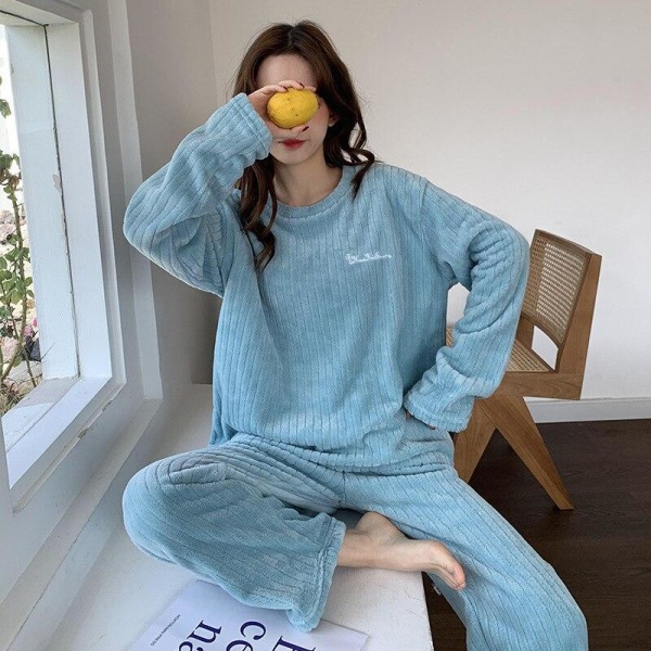 Vintervarma Flanell Dam Pyjamas Set Plysch Sammet Långärmad Sovkläder Nattkläder Korall Fleece Flickor Hemmakläder White