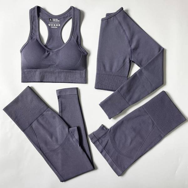 Yoga Set Sömlösa Sportkläder Tränings Sport Leggings+Top+BH Gym Set Kvinna 4pcs Set Gray L