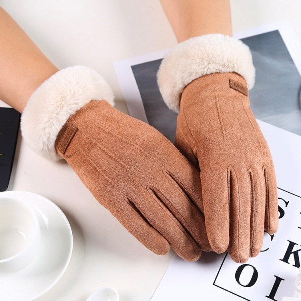 Dam Vinterhandskar Varma Skärm Dam Fur Handskar Hel Finger Vantar Handske Körning Vindtät Gants Hiver Femme Guantes Coffee One Size
